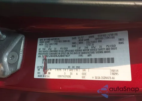 2018 Ford Escape Sel из США, поврежденный, VIN 1FMCU9HD9JUB07437